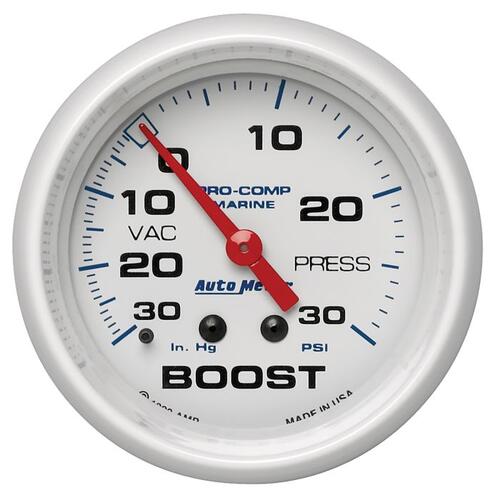 Autometer Gauge, Vac/Boost, 2 5/8", 30Inhg-30Psi, Mechanical, Marine White, Marine White