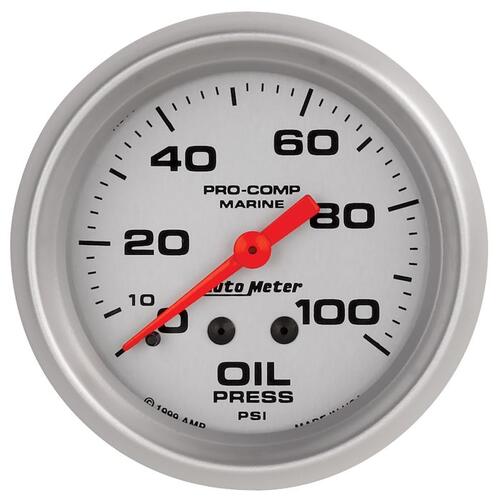 Autometer Gauge, Oil Pressure, 2 5/8", 100Psi, Mechanical, Marine Silver, Marine Silver Ultra-Lite