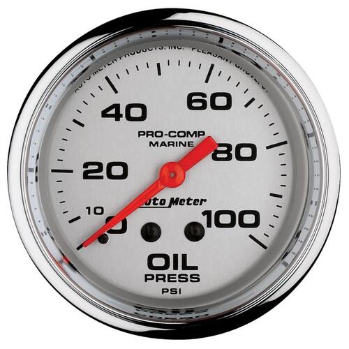 Autometer Gauge, Oil Pressure, 2 5/8", 100Psi, Mechanical, Marine Chrome, Marine Chrome Ultra-Lite