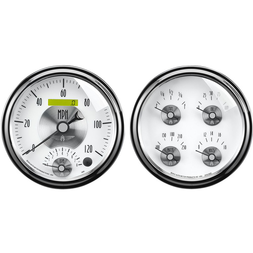 Autometer Gauge Kit, Prestige, Quad, Fuel Level, Volts, Oil Pressure, Water Temperature & Tachometer/Speedometer, 5 in., Pearl, Set of 2