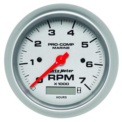 Autometer Gauge, Tachometer, 3 3/8", 7K Rpm, W/ Hourmeter, Marine Silver, Marine Silver Ultra-Lite