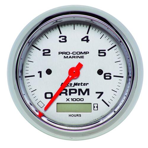 Autometer Gauge, Tachometer, 3 3/8", 7K Rpm, W/ Hourmeter, Marine Chrome, Marine Chrome Ultra-Lite