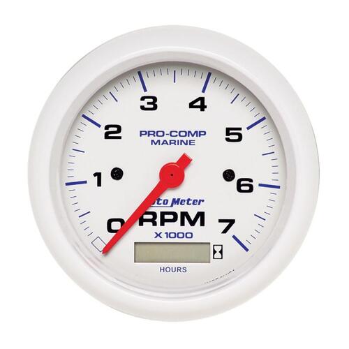 Autometer Gauge, Tachometer, 3 3/8", 7K Rpm, W/ Hourmeter, Marine White, Marine White