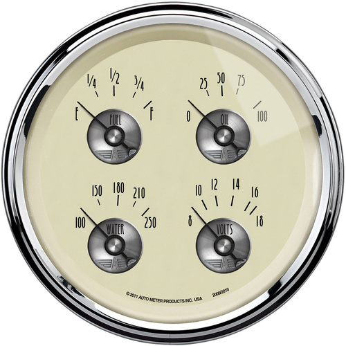 Autometer Gauge, Prestige, Quad, Fuel Level, Volts, Oil Pressure, Water Temperature, 5 in., 0-90 Ohms, Electrical, Antique Ivory, Each