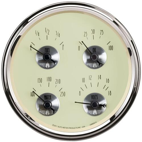 Autometer Gauge, Prestige, Quad, Fuel Level, Volts, Oil Pressure, Water Temperature, 5 in., 240-33 Ohms, Electrical, Antique Ivory, Each
