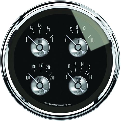 Autometer Gauge, Prestige, Quad, Fuel Level, Volts, Oil Pressure, Water Temperature, 5 in., 240-33 Ohms, Electrical, Black Diamond, Each