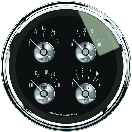 Autometer Gauge, Prestige, Quad, Fuel Level, Volts, Oil Pressure, Water Temperature, 5 in., 0-90 Ohms, Electrical, Black Diamond, Each