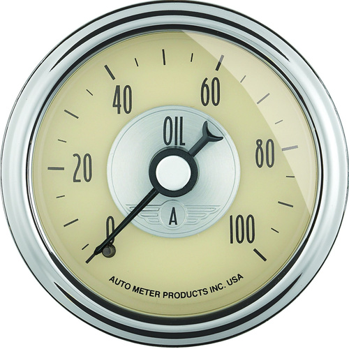 Autometer Gauge, Prestige, Oil Pressure, 2 1/16 in., 100psi, Mechanical, Antique Ivory, Analog, Each