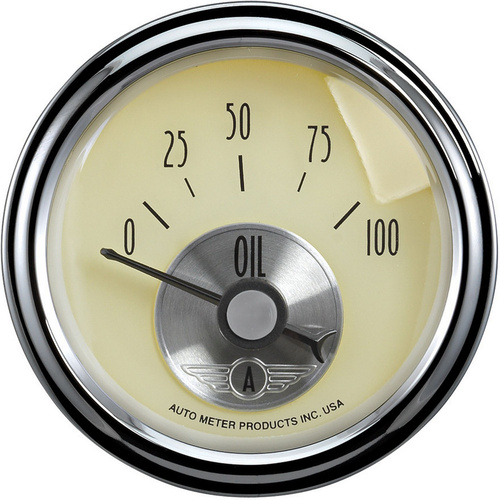 Autometer Gauge, Prestige, Oil Pressure, 2 1/16 in., 100psi, Electrical, Antique Ivory, Analog, Each