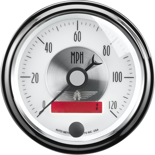 Autometer Gauge, Prestige, Speedometer, 3 3/8 in., 120mph, Electric Programmable W/LCD Odometer, Pearl, Analog, Each