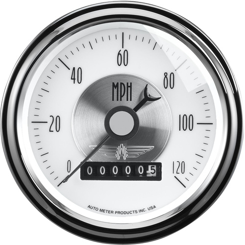 Autometer Gauge, Prestige, Speedometer, 3 3/8 in., 120mph, Electric Programmable W/Wheel Odemeter, Pearl, Analog, Each