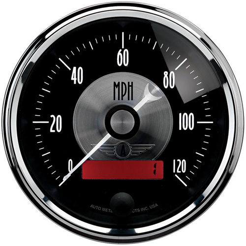 Autometer Gauge, Prestige, Speedometer, 3 3/8 in., 120mph, Electric Programmable W/LCD Odometer, Black Diamond, Analog, Each