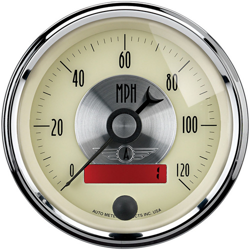 Autometer Gauge, Prestige, Speedometer, 3 3/8 in., 120mph, Electric Programmable W/LCD Odometer, Antique Ivory, Analog, Each