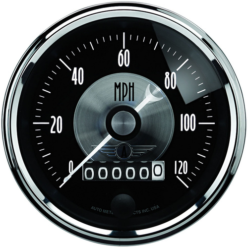 Autometer Gauge, Prestige, Speedometer, 3 3/8 in., 120mph, Electric Programmable W/Wheel Odemeter, Black Diamond, Analog, Each