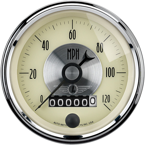 Autometer Gauge, Prestige, Speedometer, 3 3/8 in., 120mph, Electric Programmable W/Wheel Odemeter, Antique Ivory, Analog, Each