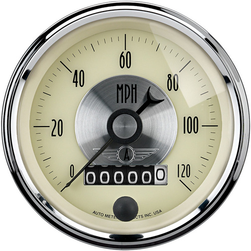 Autometer Gauge, Prestige, Speedometer, 3 3/8 in., 120mph, Electric Programmable W/Wheel Odemeter, Antique Ivory, Analog, Each