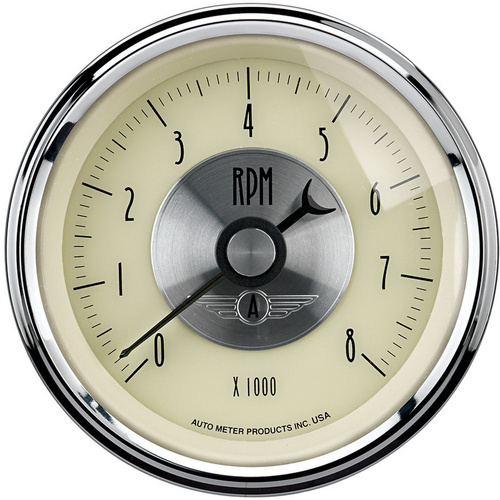 Autometer Gauge, Prestige, Tachometer, 3 3/8 in., 0-8K RPM, In-Dash, Antique Ivory, Analog, Each