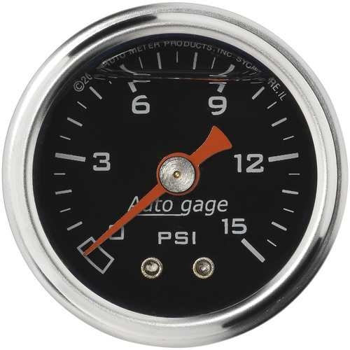 Autometer Gauge, Fuel Pressure, 1.5 in. Analog, 15psi, Liquid Filled, Mechanical, Black, 1/8 in. NPTF Male, Each