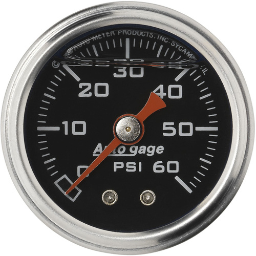 Autometer Gauge, Fuel Pressure, 1.5 in. Analog, 60psi, Liquid Filled, Mechanical, Black, 1/8 in. NPTF Male, Each