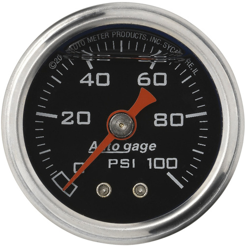 Autometer Gauge, Fuel Pressure, 1.5 in. Analog, 100psi, Liquid Filled, Mechanical, Black, 1/8 in. NPTF Male, Each