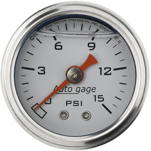 Autometer Gauge, Fuel Pressure, 1.5 in. Analog, 15psi, Liquid Filled, Mechanical, White, 1/8 in. NPTF Male, Each