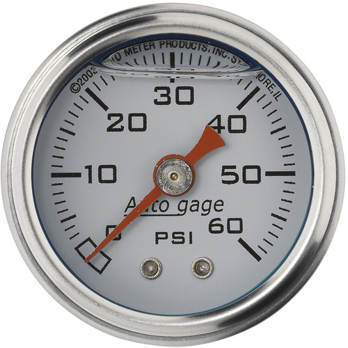 Autometer Gauge, Fuel Pressure, 1.5 in. Analog, 60psi, Liquid Filled, Mechanical, White, 1/8 in. NPTF Male, Each