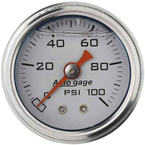 Autometer Gauge, Fuel Pressure, 1.5 in. Analog, 100psi, Liquid Filled, Mechanical, White, 1/8 in. NPTF Male, Each