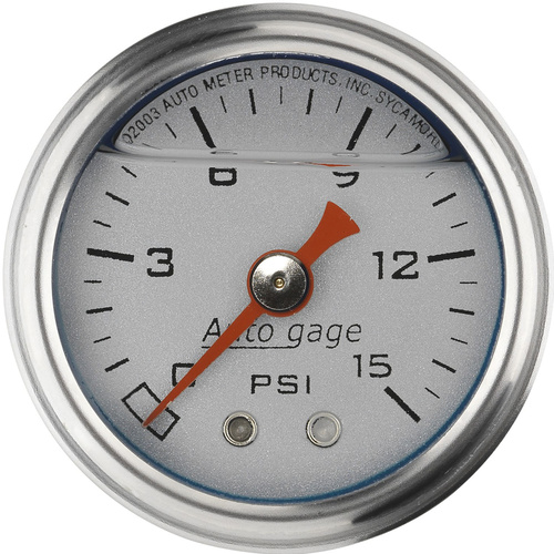 Autometer Gauge, Fuel Pressure, 1.5 in. Analog, 15psi, Liquid Filled, Mechanical, Silver, 1/8 in. NPTF Male, Each