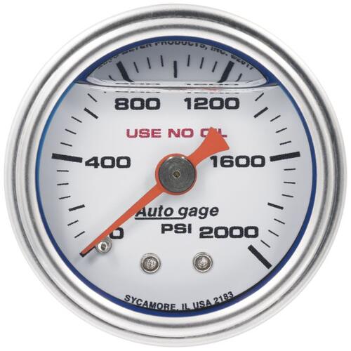 Autometer Gauge, Press, 1.5" Direct Mnt, 2,000Psi, Liquid Filled Mech, Wht, 1/8" Nptf Male, Accessor