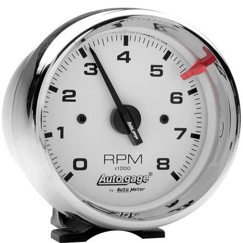 Autometer Gauge, Autogage, Tachometer, 3 3/4 in., 0-8K RPM, Pedestal, White Dial Chrome CASE, Each