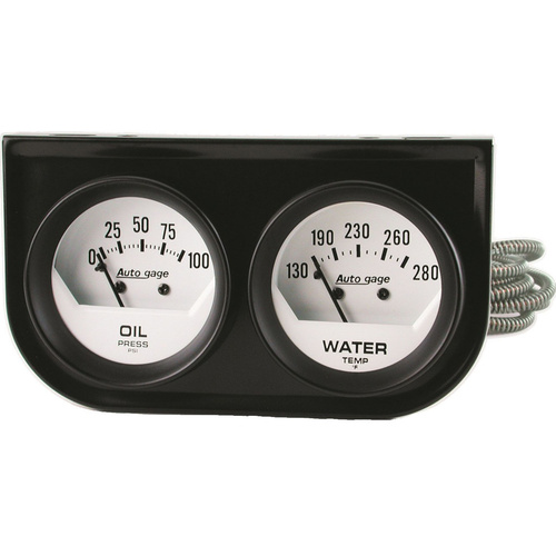 Autometer Gauge Console, Autogage, Oil Pressure/Water Temp., 2 in., 100psi/280 Degrees F, White Dial, Black Bezel, Kit