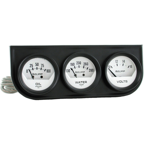 Autometer Gauge Console, Autogage, Oil Pressure/Water Temp./Volt, 2 in., 100psi/280 Degrees F/16V, White Dial, Black Bezel, Kit