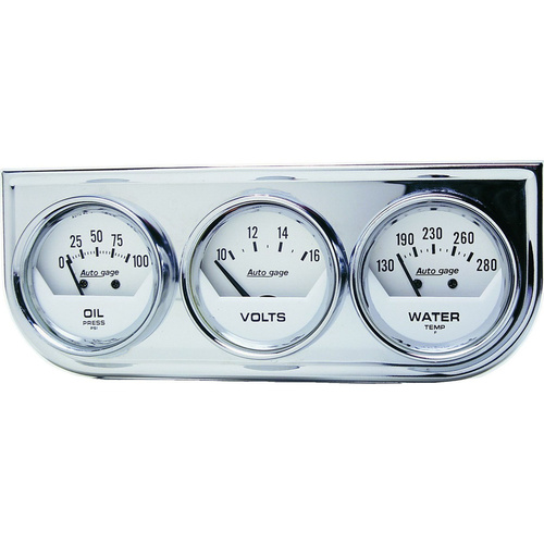 Autometer Gauge Console, Autogage, Oil Pressure/Water Temp./Volt, 2 in., 100psi/280 Degrees F/16V, White Dial, Chrome Bezel, Kit