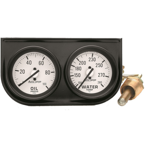 Autometer Gauge Console, Autogage, Oil Pressure/Water Temp., 2 in., 100psi/280 Degrees F, White Dial, Black Bezel, Kit