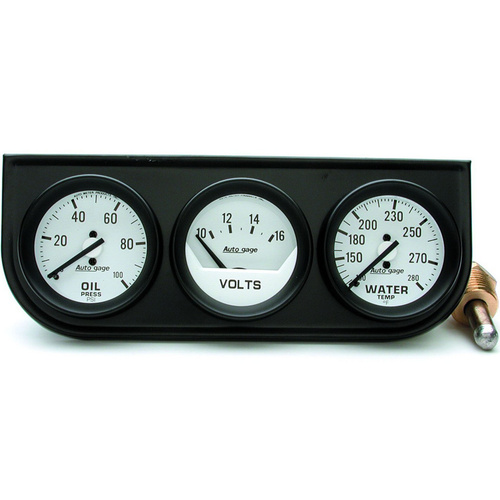 Autometer Gauge Console, Autogage, Oil Pressure/Water Temp./Volt, 2 in., 100psi/280 Degrees F/16V, White Dial, Black Bezel, Kit