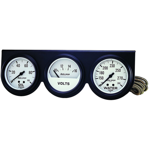 Autometer Gauge Console, Autogage, Oil Pressure/Water Temp./Volt, 2 5/8 in., 100psi/280 Degrees F/16V, White Dial, Black Bezel, Kit