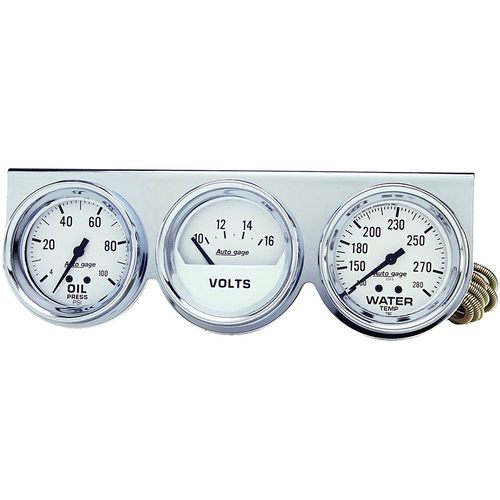 Autometer Gauge Console, Autogage, Oil Pressure/Water Temp./Volt, 2 5/8 in., 100psi/280 Degrees F/16V, White Dial, Chrome Bezel, Kit