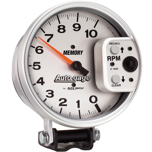 Autometer Gauge, Autogage, Tachometer, 5 in, 0-10K RPM, Pedestal w/ Peak Memory, Silver, Each