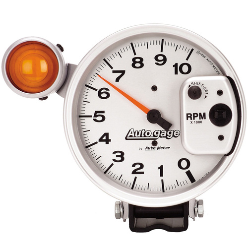 Autometer Gauge, Autogage, Tachometer, 5 in, 0-10K RPM, Pedestal w/ EXT. Shift-Lite, Silver, Each