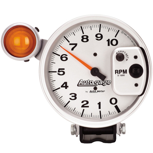Autometer Gauge, Autogage, Tachometer, 5 in., 0-10K RPM, Pedestal w/ EXT. Shift-Lite, Silver, Each
