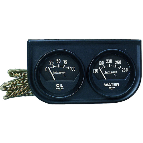 Autometer Gauge Console, Autogage, Oil Pressure/Water Temp., 2 in., 100psi/280 Degrees F, Black Dial, Black Bezel, Kit