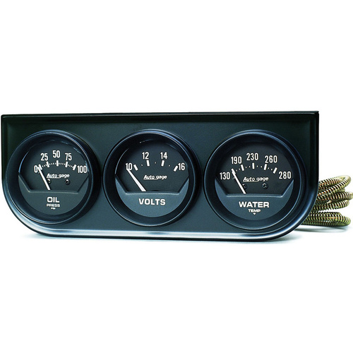 Autometer Gauge Console, Autogage, Oil Pressure/Water Temp./Volt, 2 in., 100psi/280 Degrees F/16V, Black Dial, Black Bezel, Kit