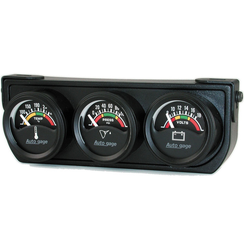 Autometer Gauge Console, Autogage, Oil Pressure/Water Temp./Volt, 1.5 in., 100psi/280 Degrees F/18V, Electrical Black Dial, Black Bezel, Kit