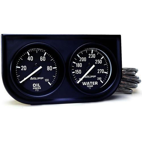 Autometer Gauge Console, Autogage, Oil Pressure/Water Temp., 2 in., 100psi/280 Degrees F, Black Dial, Black Bezel, Kit