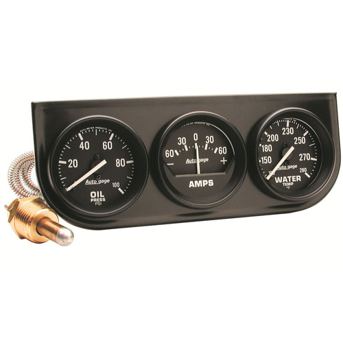Autometer Gauge Console, Autogage, Oil Pressure/Water Temp./Amp, 2 in., 100psi/280 Degrees F/60A, Black Dial, Black Bezel, Kit