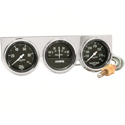 Autometer Gauge Console, Autogage, Oil Pressure/Water Temp./Amp, 2 5/8 in., 100psi/280 Degrees F/60A, Black Dial, Chrome Bezel, Kit