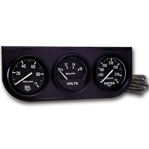 Autometer Gauge Console, Autogage, Oil Pressure/Water Temp./Volt, 2 in., 100psi/280 Degrees F/18V, Mechanical Black Dial, Black Bezel, Kit