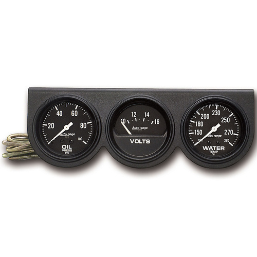 Autometer Gauge Console, Autogage, Oil Pressure/Water Temp./Volt, 2 5/8 in., 100psi/280 Degrees F/16V, Black Dial, Black Bezel, Kit