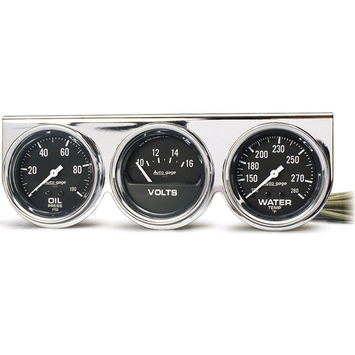 Autometer Gauge Console, Autogage, Oil Pressure/Water Temp./Volt, 2 5/8 in., 100psi/280 Degrees F/16V, Black Dial, Chrome Bezel, Kit