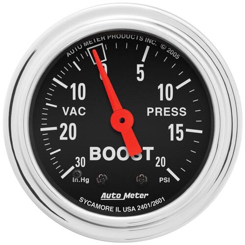Autometer Gauge, Vac/Boost, 2 1/16", 30Inhg-20Psi, Mechanical, Traditional Chrome, Traditional Chrom